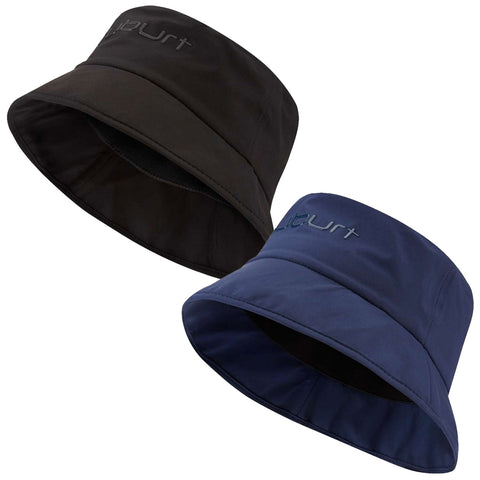 A black bucket hat and a navy blue bucket hat are displayed side by side showcasing their wide brims and a logo on the front of each hat