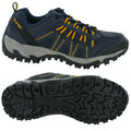 A pair of dark blue hiking shoes features yellow accents and a rugged black outsole. Designed for outdoor activities, they are shown from the side and underside perspectives.