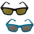 Two pairs of sunglasses are displayed with one black pair on top and one blue pair below. The black sunglasses have a reflective golden tint while the blue ones have gray lenses.