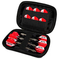 A black zippered case contains multiple metal darts with red flight tips. The darts are securely held in place, and additional flight tips are stored above for easy access.