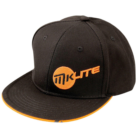 A black baseball cap displays an orange circular logo with the text "mk lite" prominently stitched on the front and features an orange underside on the visor.