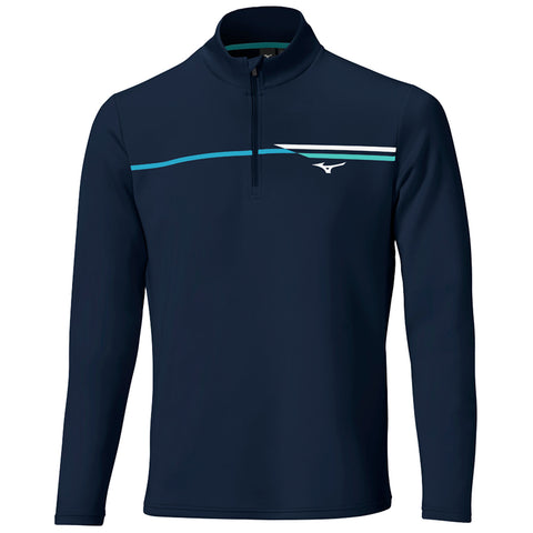 A navy long-sleeve pullover features a quarter zipper and horizontal stripes in light blue and white across the chest designed for casual wear or athletic activity