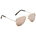 A pair of gold aviator sunglasses rests on a flat surface with dark tinted lenses reflecting light showcasing a stylish and classic design suitable for sunny environments