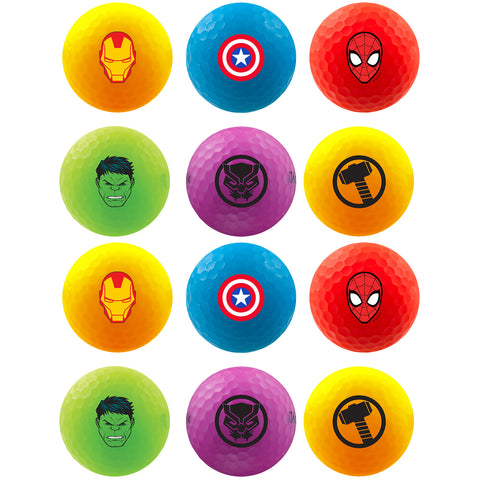 Colorful golf balls are arranged in three rows featuring superhero designs including Iron Man Spider-Man Hulk Black Panther and Thor set on a white background.