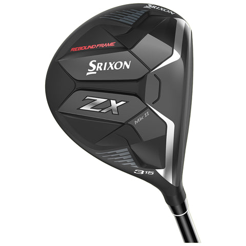 A black golf driver with a sleek design labeled Srixon ZX Mk II features a Rebound Frame technology and a 315 marking on the shaft, positioned to showcase its angled structure.