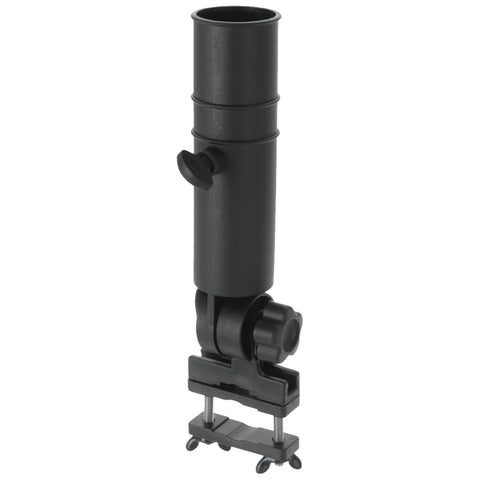 A black cylindrical telescope mount is positioned upright with an adjustable clamp and a swivel joint that allows for angle adjustments while securely attaching to a surface.