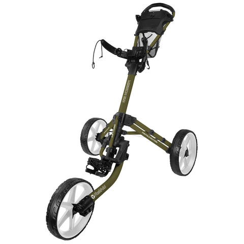 A golf push cart is positioned upright with three wheels the cart has a green and black frame and features a handle for steering and a storage basket under the handle.