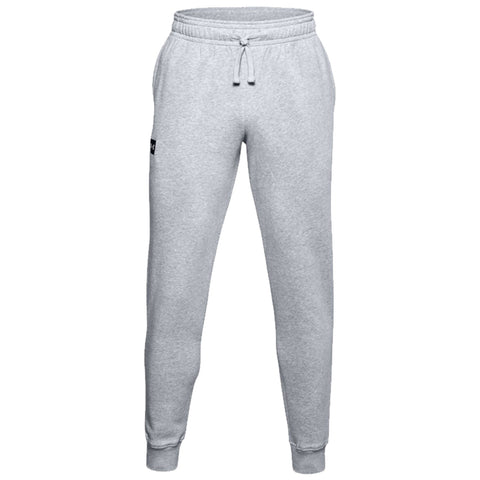 Gray sweatpants are displayed standing upright showcasing their elastic waistband and tapered cuffs with a single back pocket set against a plain background.