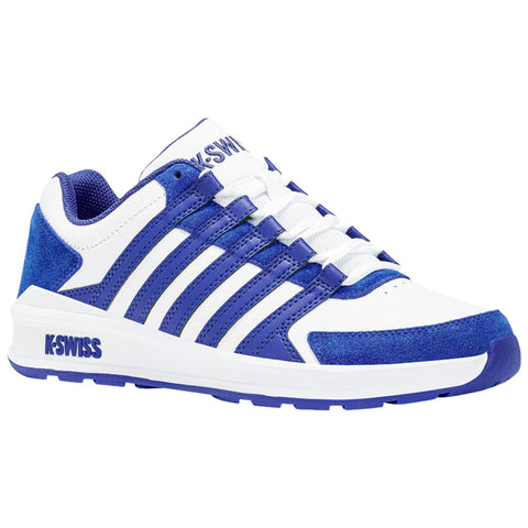 A blue and white athletic shoe features a textured design with multiple stripes and a sturdy sole. It stands against a plain white background, showcasing its sporty style.