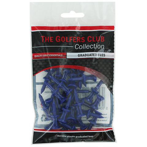 A clear plastic packet contains multiple blue graduated golf tees. The tees are neatly arranged inside the bag, intended for use in golfing. The packet features branding and product information.