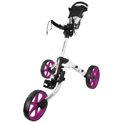 A golf pushcart with three wheels features a sturdy frame and a mesh storage area on top for accessories is positioned upright on a flat surface. The wheels are purple.