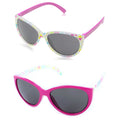 Eyelevel Kids Willow Sunglasses Two pairs of sunglasses are displayed stacked with one pair featuring a colorful patterned frame and the other with a solid pink frame both having dark lenses against a white background