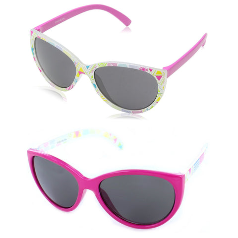 Eyelevel Kids Willow Sunglasses Two pairs of sunglasses are displayed stacked with one pair featuring a colorful patterned frame and the other with a solid pink frame both having dark lenses against a white background