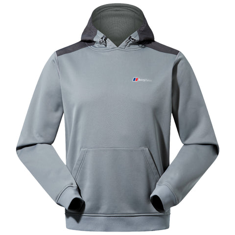 A gray hooded sweatshirt is displayed prominently with a front pocket and an embroidered logo on the chest area highlighting the brand name and colors. The fabric appears smooth and durable.