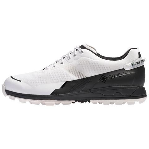 A white and black athletic shoe with a textured upper and rugged sole is displayed at an angle showcasing its lightweight design and water-resistant Gore-Tex branding on the side.