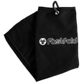 A black waffle-textured towel is displayed prominently with a logo on it. It is folded with a clip at the top for easy attachment in sports or outdoor contexts.