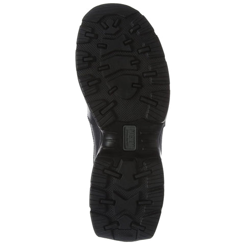 A black shoe sole with a rugged tread pattern is positioned flat on a surface showcasing its grip features designed for traction in varied environments.