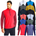 A model wears a red long-sleeve pullover with a zippered collar showcasing athletic design while various colored pullovers are displayed alongside him in an arranged layout.