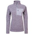 A long-sleeved, purple pullover features a half zipper at the neck and a chest pocket with a light gray design ideal for casual wear or outdoor activities.