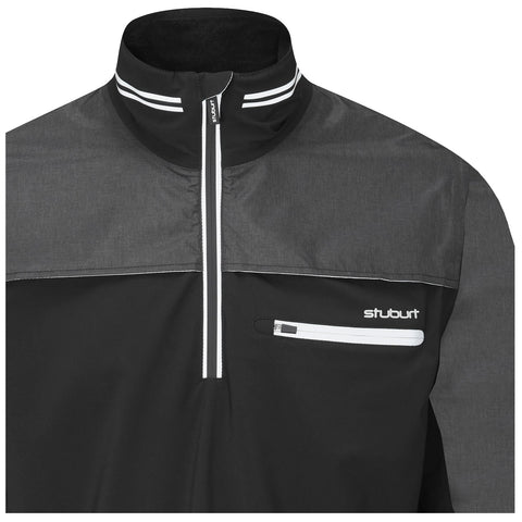 A black windbreaker with a gray upper section features a zippered front and a small pocket on the left side with a white zipper and stitching details designed for outdoor activities.