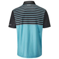 A short-sleeved polo shirt is displayed featuring a black upper section with horizontal stripes and a bright blue lower section located in a neutral setting without distractions