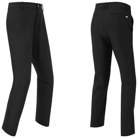 FootJoy Mens Performance Trousers Black golf trousers are displayed from both the front and back views showcasing a straight-leg style with front pockets and a small logo on the back waistband against a neutral background.