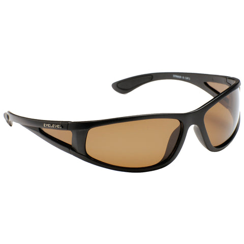 Sunglasses feature a sleek black frame with brown tinted lenses designed to reduce glare and protect eyes in bright conditions resting on a white background.