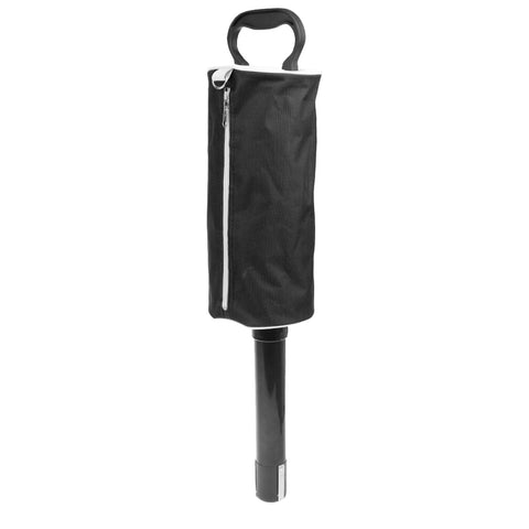 A black umbrella with a handle is partially enclosed in a zipped fabric cover standing upright against a white background, showcasing its sleek design and functional storage.