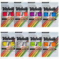 Colorful golf ball packaging displays various shades including red orange purple blue yellow white and green showcasing the Volvik brand along with details of the product specifications.