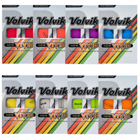 Colorful golf ball packaging displays various shades including red orange purple blue yellow white and green showcasing the Volvik brand along with details of the product specifications.