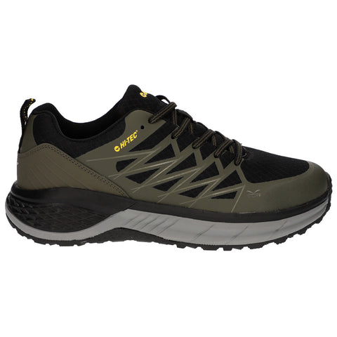 A dark green and black athletic shoe is displayed turned to the side showcasing its textured surface laces and a prominent sole designed for traction and comfort