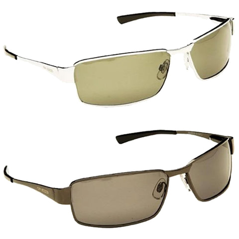 Two pairs of sunglasses are displayed side by side each with a different frame color and lens tint the top pair has a silver frame with light lenses and the bottom pair features a darker frame with darker lenses