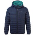 A navy blue puffer jacket with a hood is displayed front-facing. It features a zippered chest pocket and has a contrasting light teal lining, designed for warmth in cold environments.