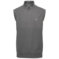 A sleeveless gray pullover with a zippered neck features a textured upper section and a smooth lower section displaying a small logo on the chest.