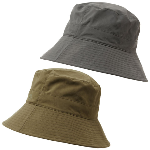 Two bucket hats are displayed side by side with one in a dark gray color and the other in a light olive green shade both featuring a soft fabric texture and a wide brim