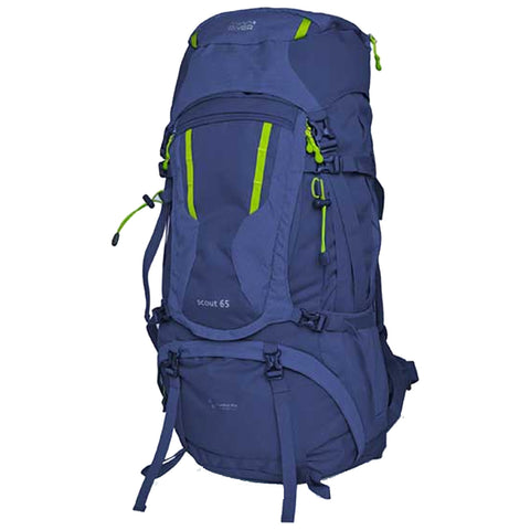 A large navy blue backpack features vibrant green accents and multiple compartments designed for outdoor use sitting upright against a plain background, ideal for hiking or camping activities.