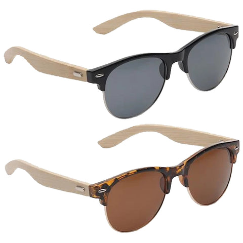 Sunglasses are displayed with dark lenses on top and brown lenses below each having light-colored wooden arms in a simple layout against a plain background.