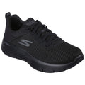 Black athletic shoe with a mesh upper and thick sole sits upright showcasing laces and branding in a clean background emphasizing its design and functionality for walking or casual wear