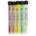 Six alignment sticks stand upright in clear tubes with black caps. They are colored red, orange, yellow, green, and white, often used for training in sports or physical activities.