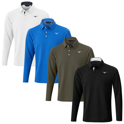 Four long-sleeve polo shirts are displayed arranged from left to right in white blue olive green and black each featuring a logo on the chest