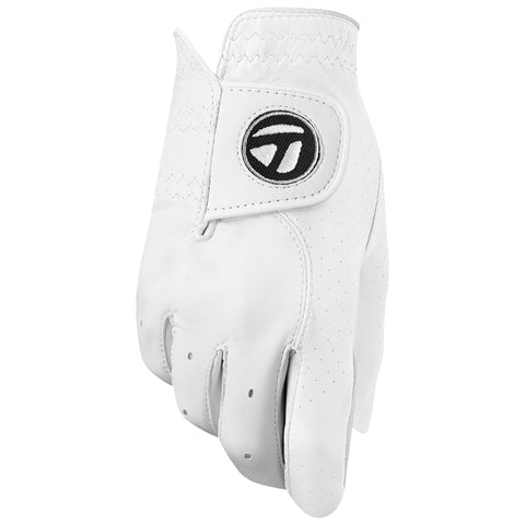 A white golf glove is displayed prominently with an open hand position showcasing the inside of the glove featuring a logo and a textured wrist area likely intended for enhancing grip and comfort.