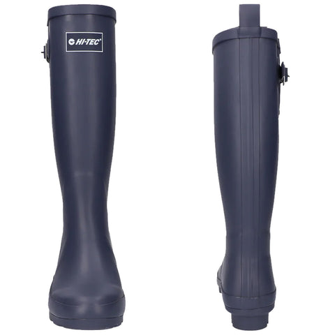 A pair of dark blue waterproof rubber boots stands upright showcasing a smooth exterior with a logo at the front and a strap on the side suitable for outdoor activities in wet conditions.