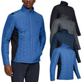 Under Armour Mens ColdGear Reactor Hybrid Jacket A man wears a blue quilted jacket with black sides while standing. Next to him are three additional jackets in dark colors displayed vertically, showcasing their design. A man wears a navy quilted jacket while two additional jackets in black and gray are displayed beside him, showcasing a stylish outdoor apparel design.