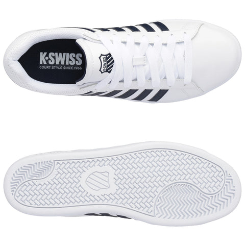 A pair of white sneakers with navy stripes is positioned on a flat surface displaying the top view and sole. The logo K-Swiss is visible inside the shoe.