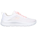 A white sneaker with pink laces features a mesh upper for breathability and a textured white sole designed for comfort in casual or athletic settings.