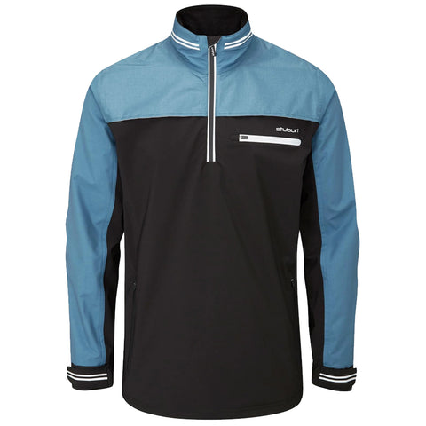 A lightweight half-zip pullover jacket with a black body and blue shoulders features elastic cuffs and a small front pocket for storage, designed for comfort in casual outdoor settings.