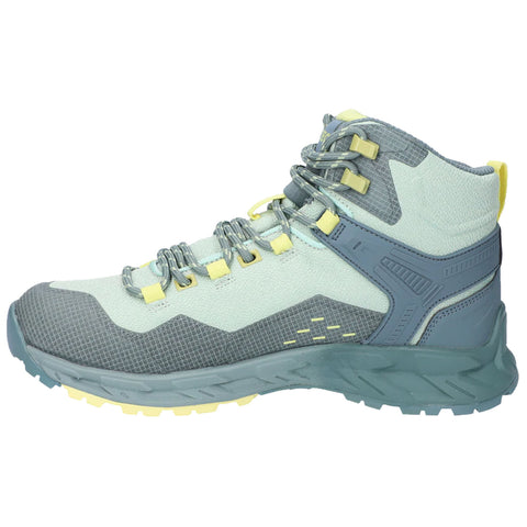 High-top hiking shoe featuring a light green and gray design with yellow accents is positioned upright showcasing breathable materials and durable sole ideal for outdoor activities.