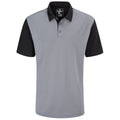 A short-sleeved polo shirt is displayed featuring a light gray body and black sleeves with a collar and button closure creating a casual modern style suitable for various occasions.