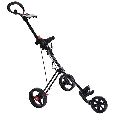 A golf push cart with three wheels aids in transporting golf clubs and equipment. It features a handle for steering and a platform for accessories, designed for use on a golf course.