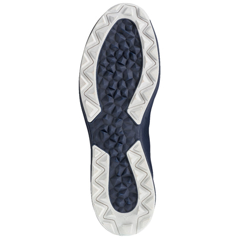 A sneaker sole lies flat showing a textured dark blue rubber surface with white accents along the edges designed for traction in sports environments.